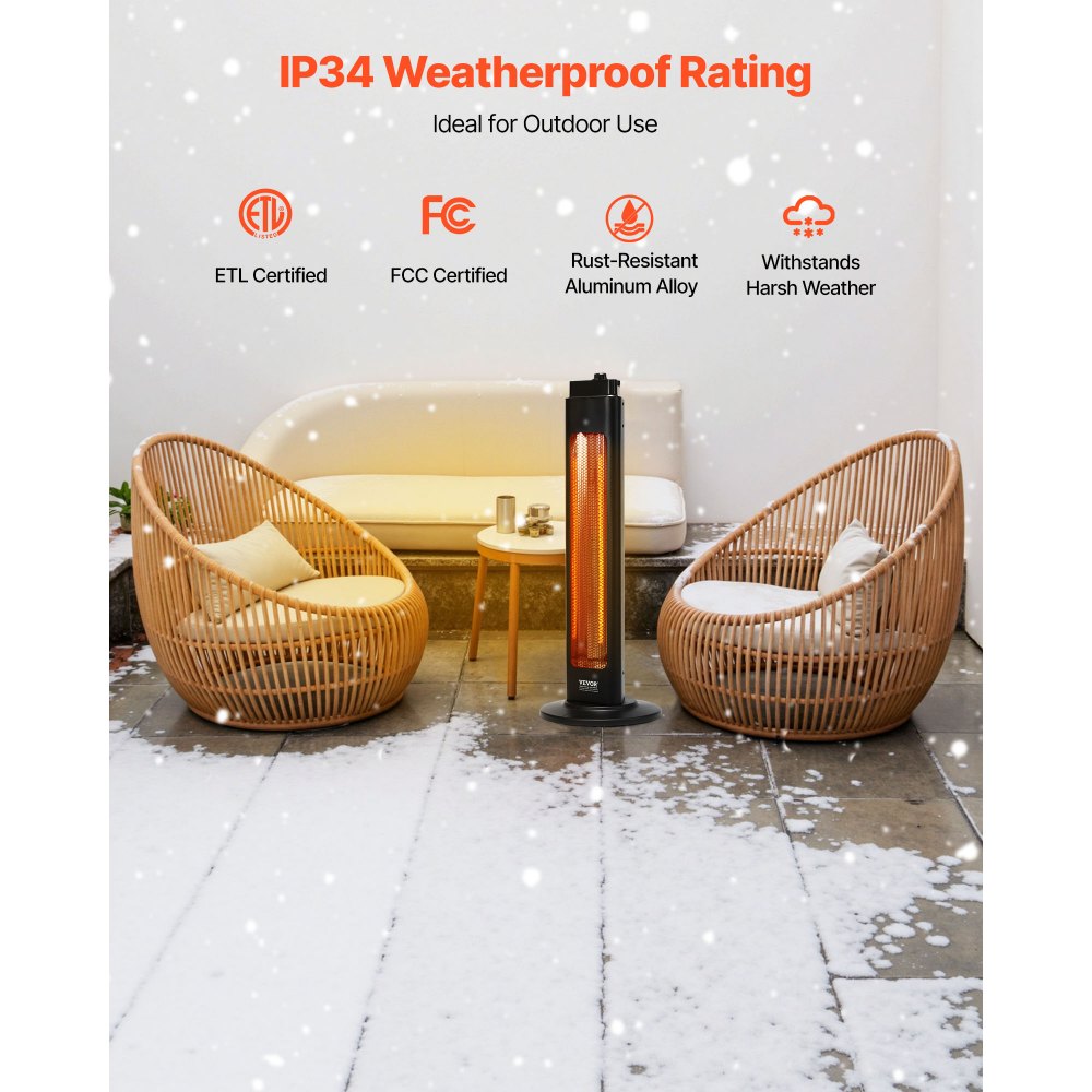 VEVOR Infrared Heater, 1500W Electric Space Heater with Remote Control & 3 Speeds & 24H Timer & Multiple Security Protections, Indoor/Outdoor for Bedroom,Studio,Porch,Dining Room,Studio