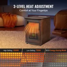 VEVOR Infrared Heater, 1500W Remote Control Electric Space Heater, LED Patio Heater w/ 3 Speeds & Timer & Overheat/Tip-Over Protection & Child Lock, for Bedroom,Living Room,Nursery,Studio,MDF