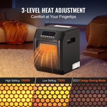VEVOR Infrared Heater, 1500W Remote Control Electric Space Heater, LED Patio Heater w/ 3 Speeds & Timer & Overheat/Tip-Over Protection & Child Lock, for Bedroom,Living Room,Nursery,Studio,ABS