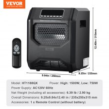 VEVOR Infrared Heater, 1500W Remote Control Electric Space Heater, LED Patio Heater w/ 3 Speeds & Timer & Overheat/Tip-Over Protection & Child Lock, for Bedroom,Living Room,Nursery,Studio,ABS