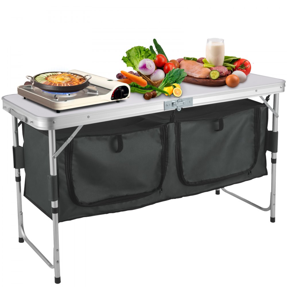 VEVOR Camping Kitchen Table, Aluminum Portable Folding Camp Cook Table with Storage Organizer and 4 Adjustable Feet, Quick Installation for Outdoor Picnic Beach Party Cooking, Gray