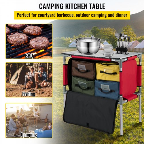 VEVOR Camping Kitchen Table, Aluminum Portable Folding Station with 4 Storage, 4 Detachable Legs and Carry Bag, Quick Installation for Outdoor Picnic Beach Party Cooking, Red