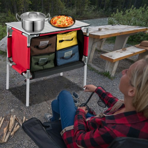 VEVOR Camping Kitchen Table, Aluminum Portable Folding Station with 4 Storage, 4 Detachable Legs and Carry Bag, Quick Installation for Outdoor Picnic Beach Party Cooking, Red