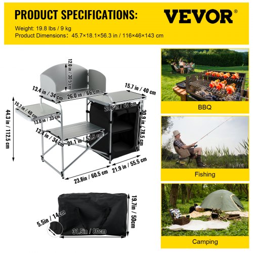VEVOR Aluminum Portable Folding Camp Station with Windshield, Storage Organizer & 4 Adjustable Feet Quick Installation for Outdoor Picnic Beach Party Cooking, Black