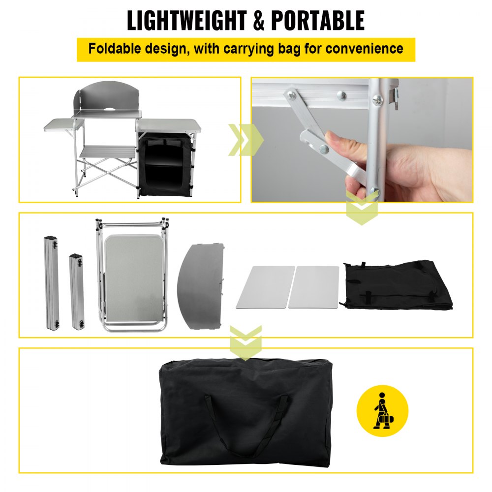 VEVOR Estación de campamento plegable portátil de aluminio con parabrisas, organizador de almacenamiento y 4 pies ajustables Instalación rápida para picnic al aire libre, fiesta en la playa, cocina, negro