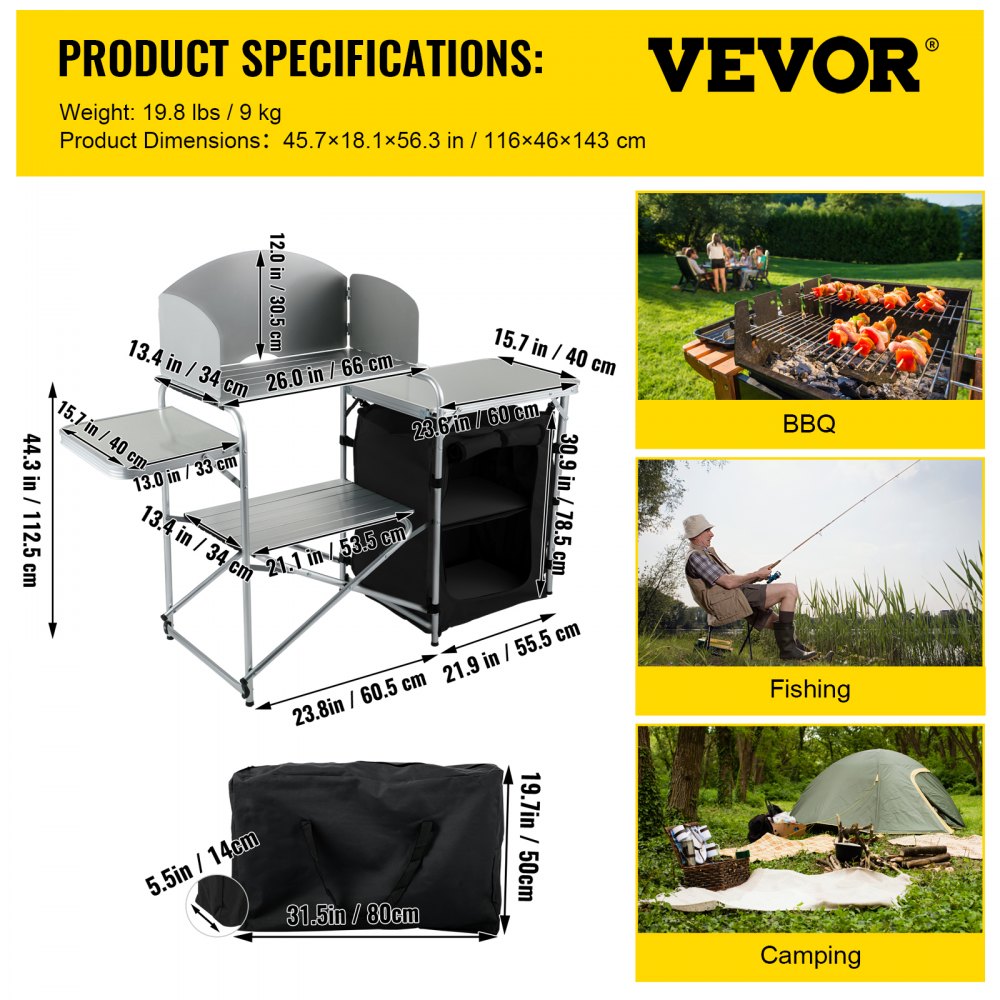 VEVOR Estación de campamento plegable portátil de aluminio con parabrisas, organizador de almacenamiento y 4 pies ajustables Instalación rápida para picnic al aire libre, fiesta en la playa, cocina, negro