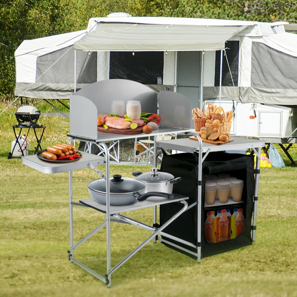 VEVOR Estación de campamento plegable portátil de aluminio con parabrisas, organizador de almacenamiento y 4 pies ajustables Instalación rápida para picnic al aire libre, fiesta en la playa, cocina, negro