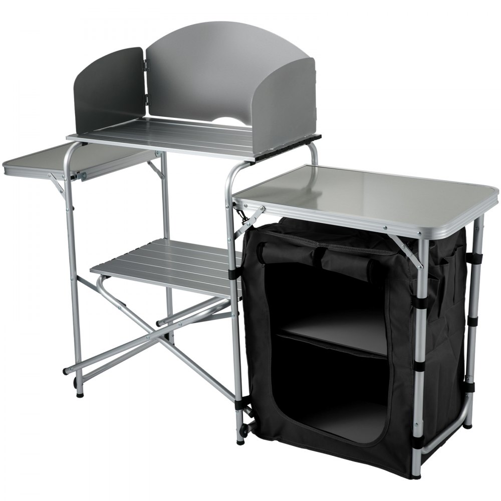 VEVOR Estación de campamento plegable portátil de aluminio con parabrisas, organizador de almacenamiento y 4 pies ajustables Instalación rápida para picnic al aire libre, fiesta en la playa, cocina, negro
