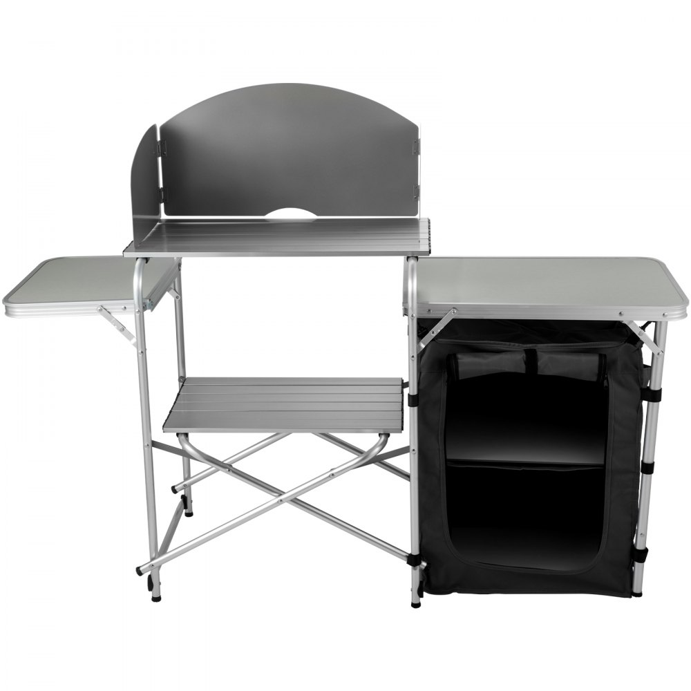 VEVOR Estación de campamento plegable portátil de aluminio con parabrisas, organizador de almacenamiento y 4 pies ajustables Instalación rápida para picnic al aire libre, fiesta en la playa, cocina, negro