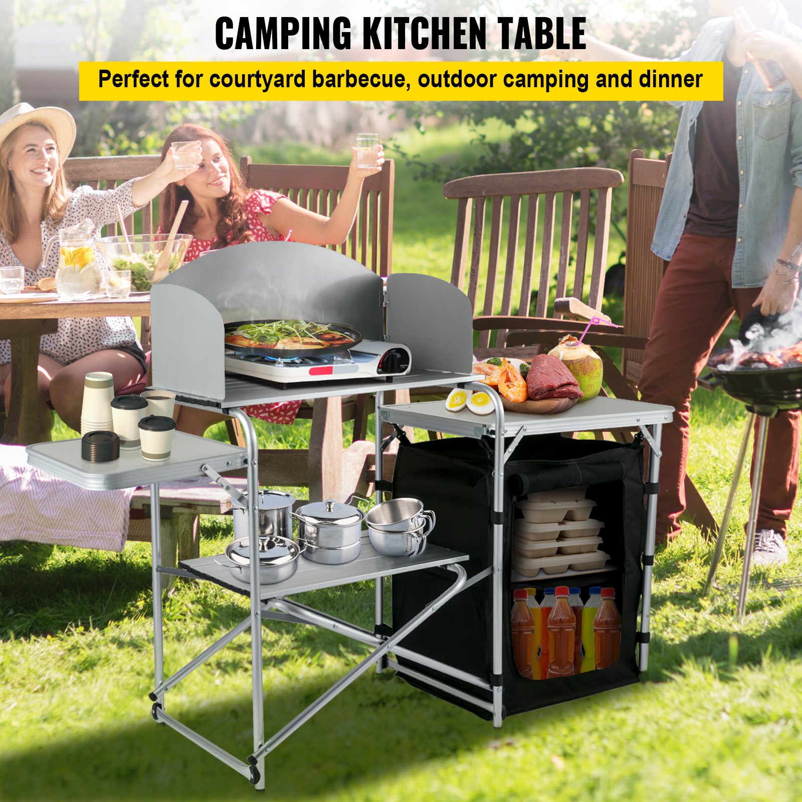 VEVOR Estación de campamento plegable portátil de aluminio con parabrisas, organizador de almacenamiento y 4 pies ajustables Instalación rápida para picnic al aire libre, fiesta en la playa, cocina, negro