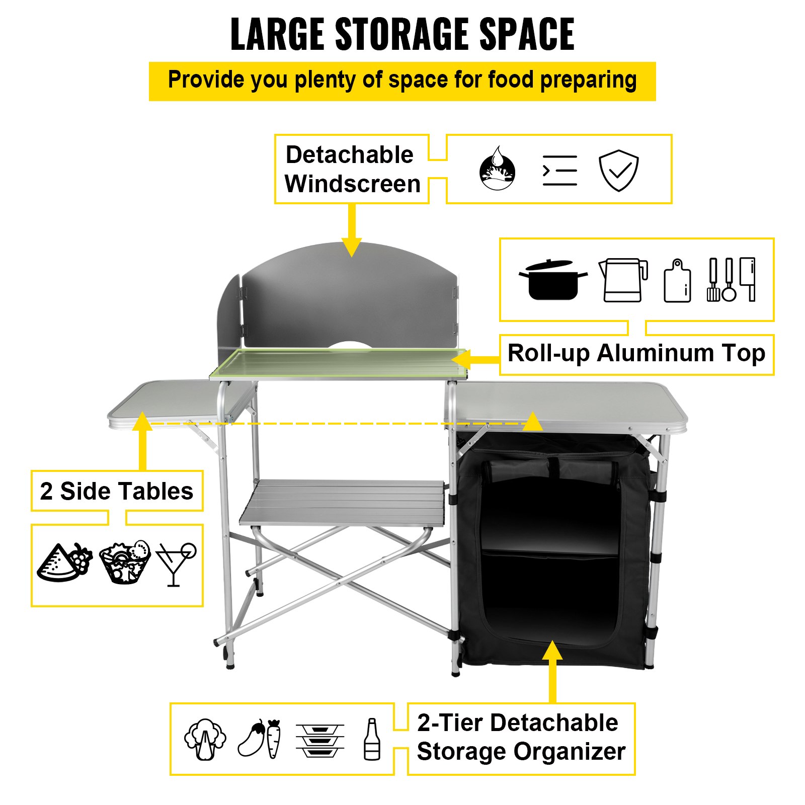 VEVOR Estación de campamento plegable portátil de aluminio con parabrisas, organizador de almacenamiento y 4 pies ajustables Instalación rápida para picnic al aire libre, fiesta en la playa, cocina, negro
