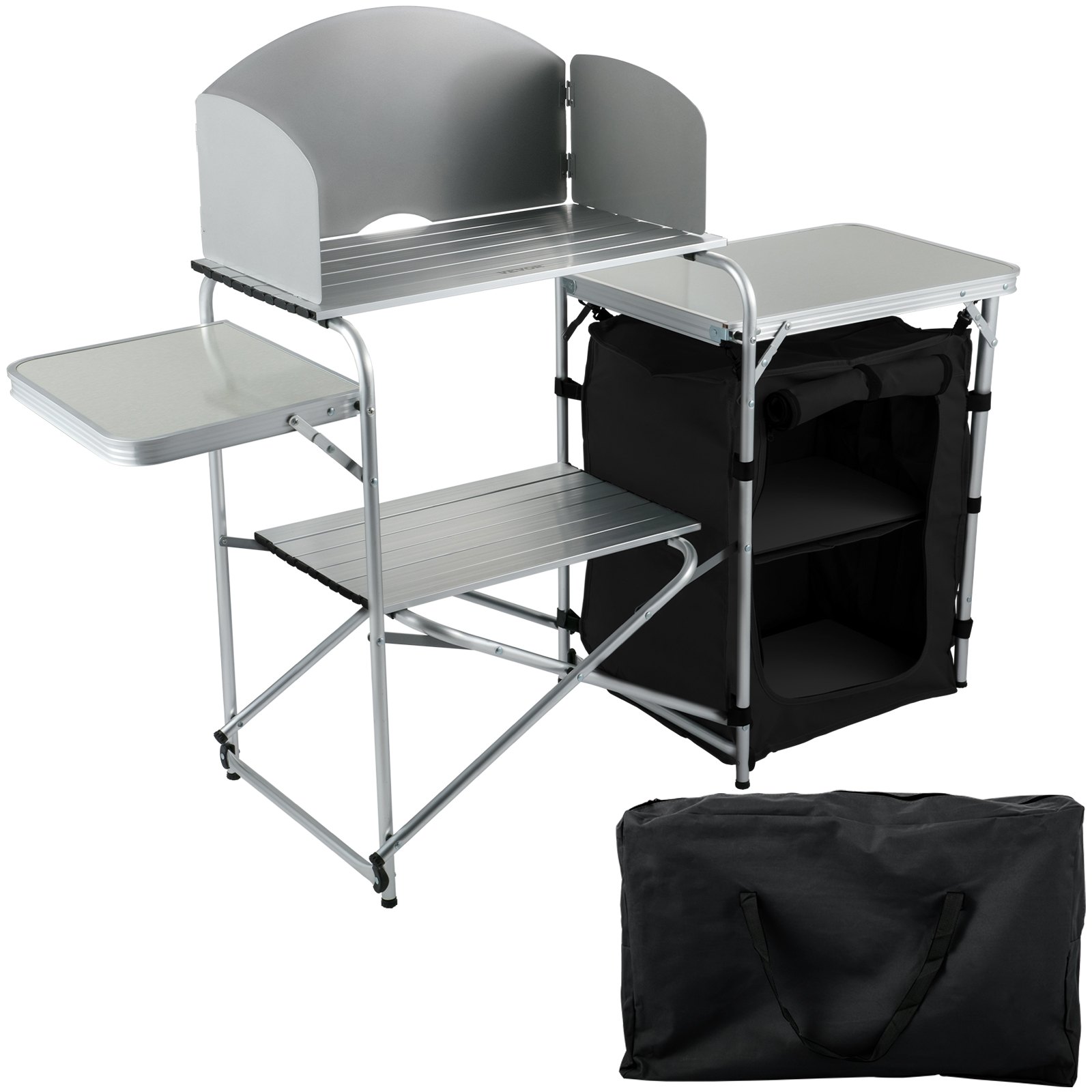 VEVOR Estación de campamento plegable portátil de aluminio con parabrisas, organizador de almacenamiento y 4 pies ajustables Instalación rápida para picnic al aire libre, fiesta en la playa, cocina, negro