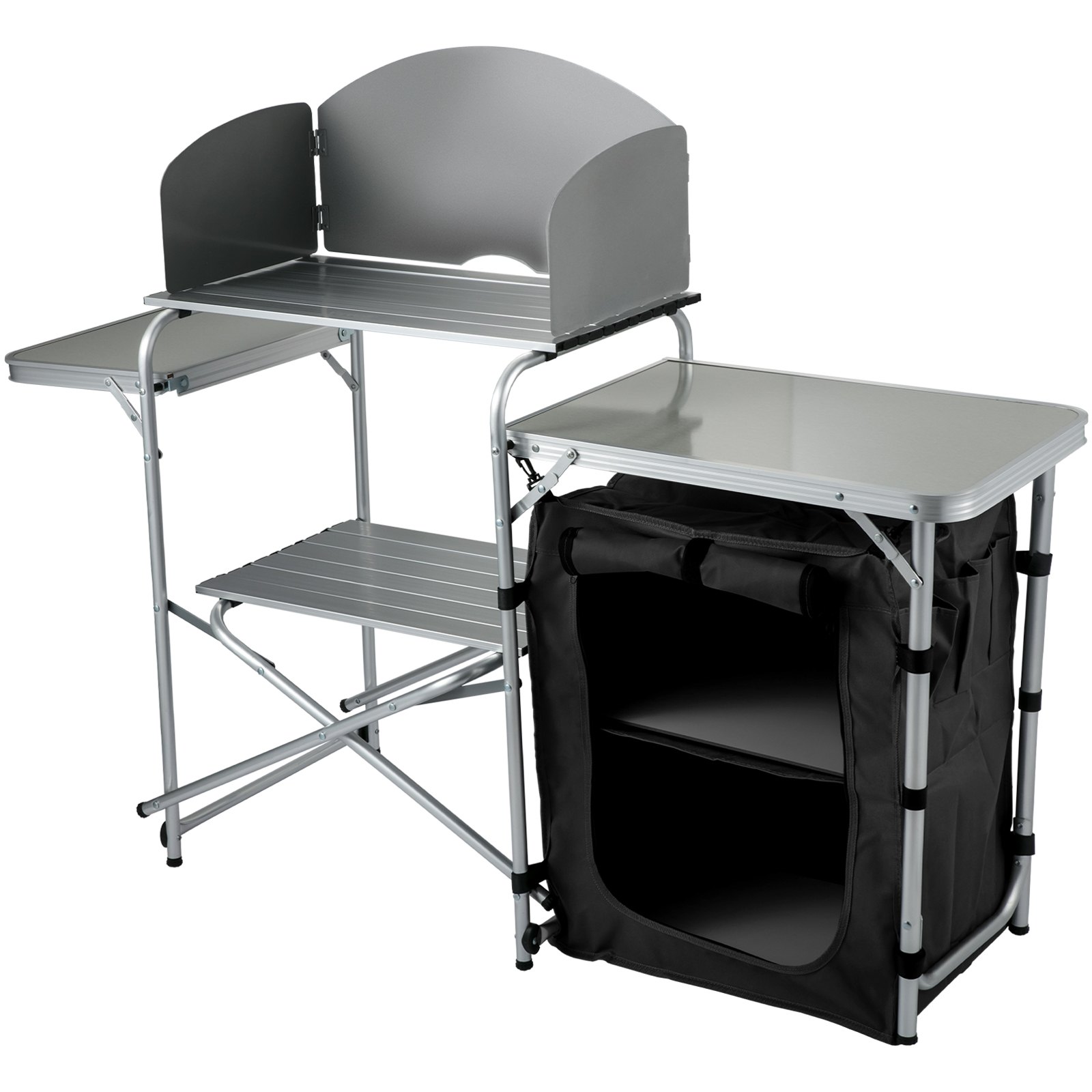 VEVOR Estación de campamento plegable portátil de aluminio con parabrisas, organizador de almacenamiento y 4 pies ajustables Instalación rápida para picnic al aire libre, fiesta en la playa, cocina, negro