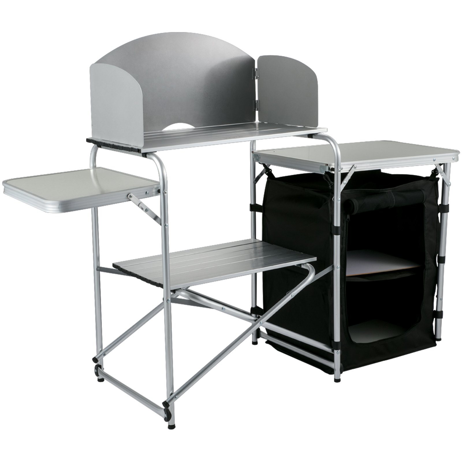 VEVOR Estación de campamento plegable portátil de aluminio con parabrisas, organizador de almacenamiento y 4 pies ajustables Instalación rápida para picnic al aire libre, fiesta en la playa, cocina, negro