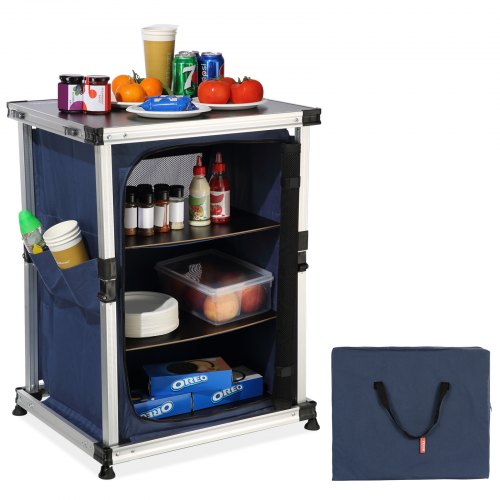 VEVOR Camping Kitchen Table, Lightweight Portable Folding Outdoor Cooking Storage Cabinet with 3-Tier Shelves, Side Pockets & Carrying Bag, Easy Set-up for Picnics, BBQ, RV Traveling
