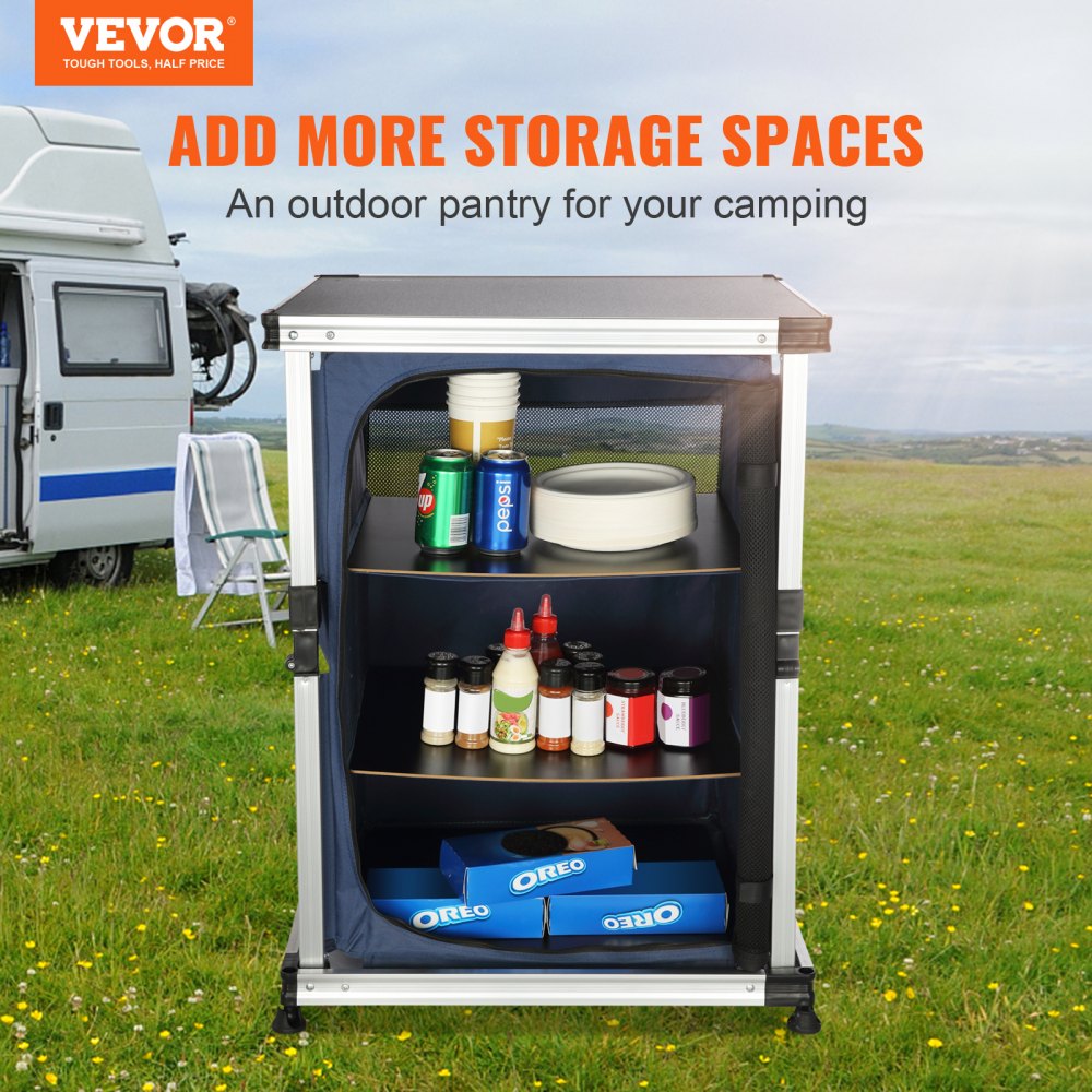 VEVOR Camping Kitchen Table, Lightweight Portable Folding Outdoor Cooking Storage Cabinet with 3-Tier Shelves, Side Pockets & Carrying Bag, Easy Set-up for Picnics, BBQ, RV Traveling