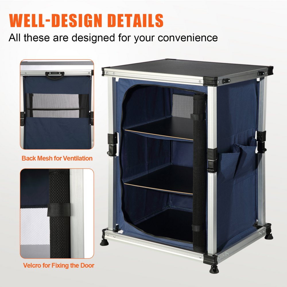 VEVOR Camping Kitchen Table, Lightweight Portable Folding Outdoor Cooking Storage Cabinet with 3-Tier Shelves, Side Pockets & Carrying Bag, Easy Set-up for Picnics, BBQ, RV Traveling