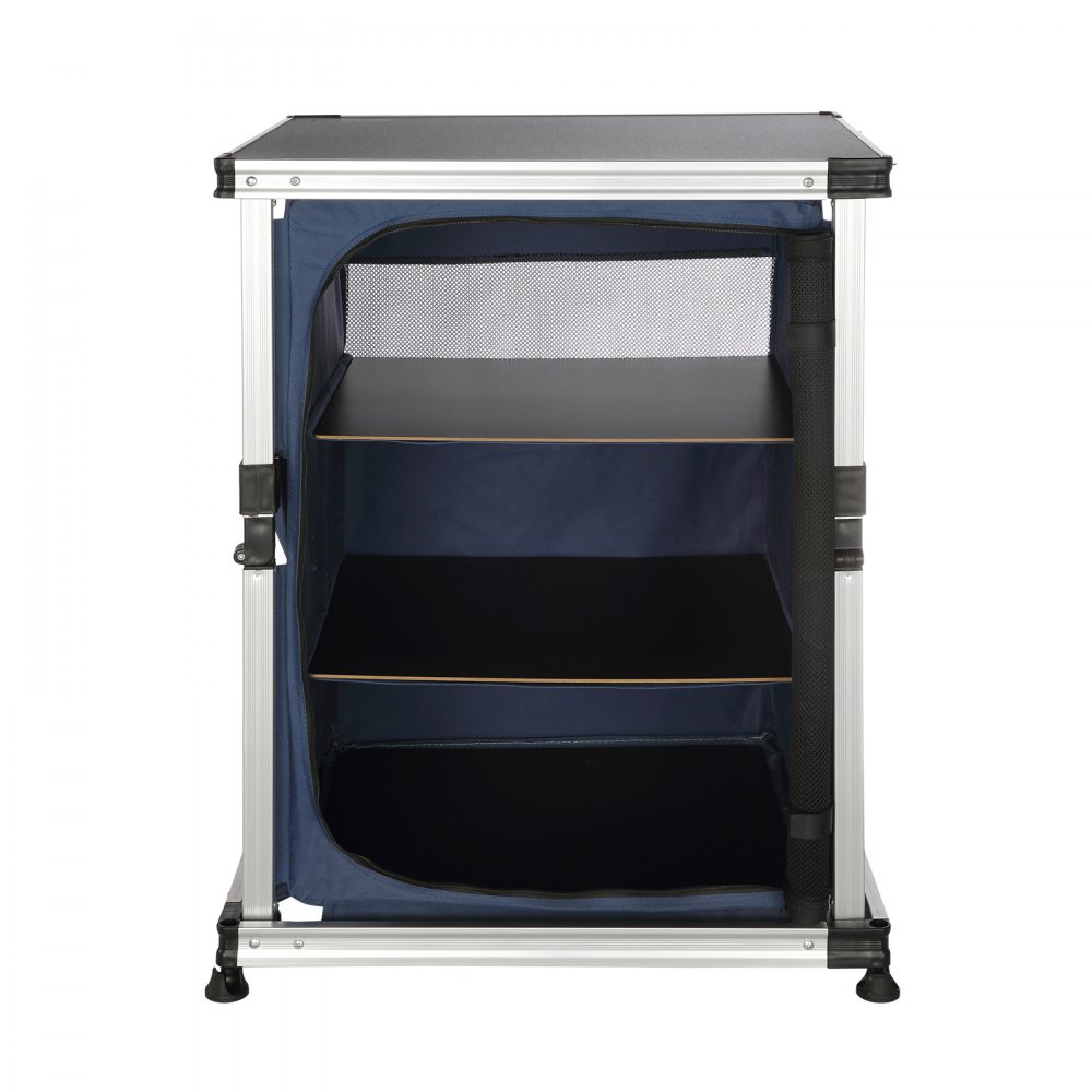 VEVOR Camping Kitchen Table, Pop-up Aluminum Portable Folding Cook Station w/ 3-Tier Storage Organizer, Side Pocket & Carrying Bag, Quick Installation for Outdoor BBQ Party Backyard & Tailgating, Blue
