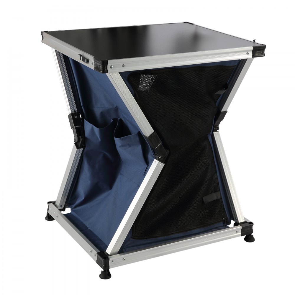 VEVOR Camping Kitchen Table, Pop-up Aluminum Portable Folding Cook Station w/ 3-Tier Storage Organizer, Side Pocket & Carrying Bag, Quick Installation for Outdoor BBQ Party Backyard & Tailgating, Blue