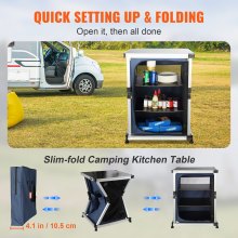 VEVOR Camping Kitchen Table, Lightweight Portable Folding Outdoor Cooking Storage Cabinet with 3-Tier Shelves, Side Pockets & Carrying Bag, Easy Set-up for Picnics, BBQ, RV Traveling