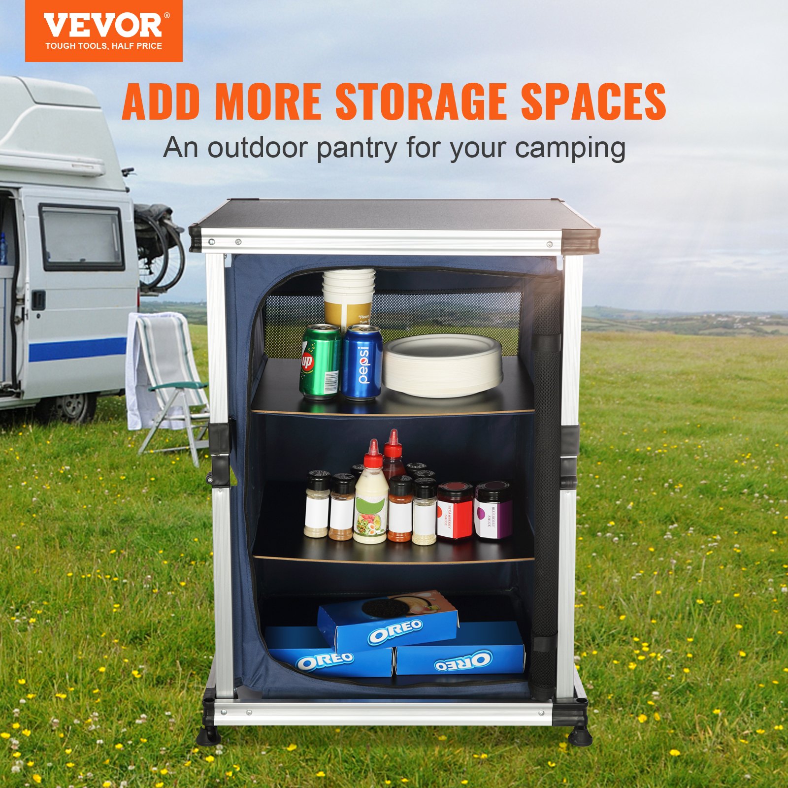 VEVOR Camping Kitchen Table, Pop-up Aluminum Portable Folding Cook Station w/ 3-Tier Storage Organizer, Side Pocket & Carrying Bag, Quick Installation for Outdoor BBQ Party Backyard & Tailgating, Blue