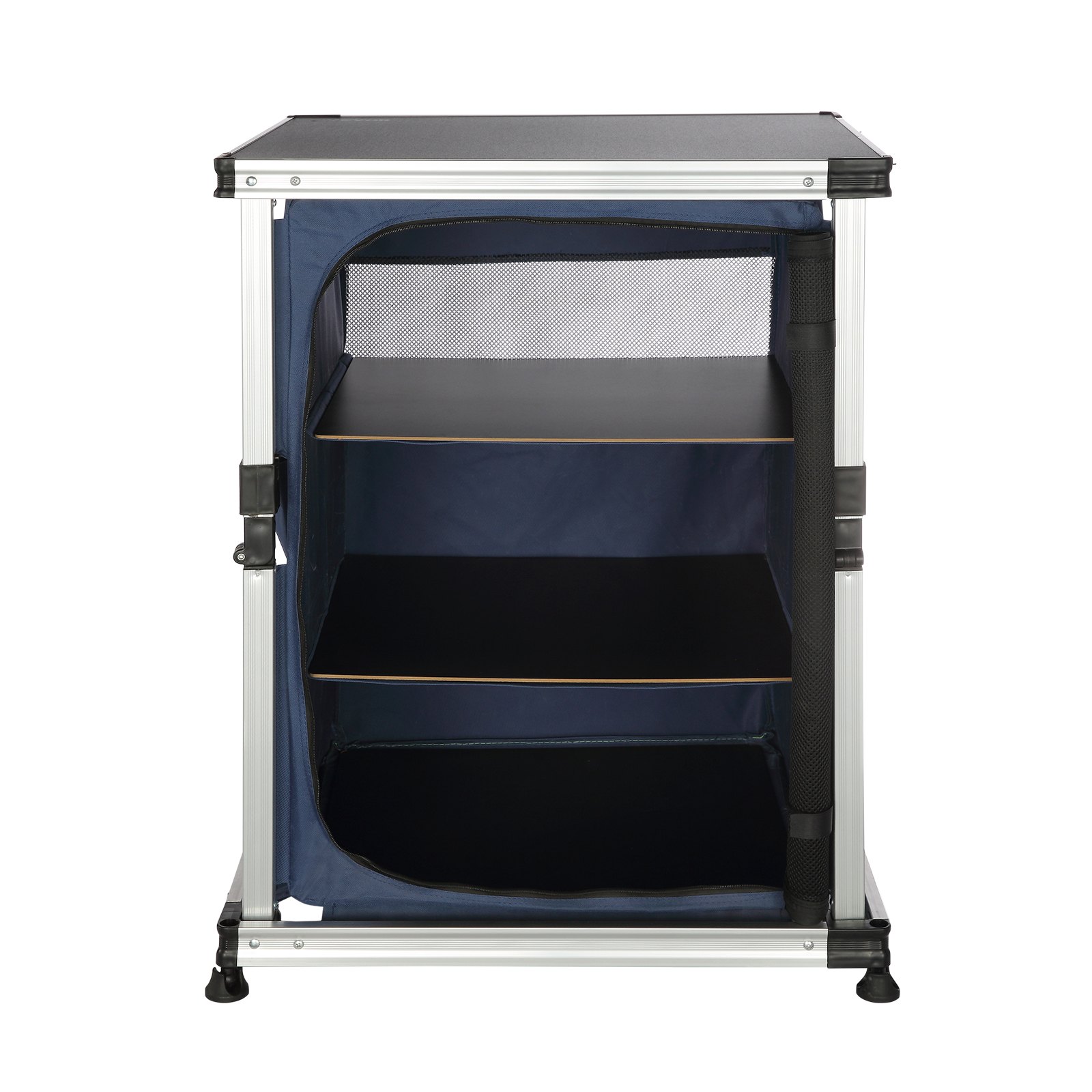 VEVOR Camping Kitchen Table, Pop-up Aluminum Portable Folding Cook Station w/ 3-Tier Storage Organizer, Side Pocket & Carrying Bag, Quick Installation for Outdoor BBQ Party Backyard & Tailgating, Blue