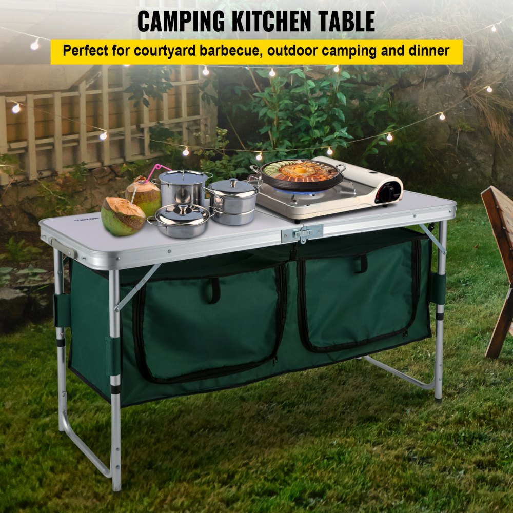Almacenamiento de mesa de cocina para camping, estación de cocina plegable  portátil de aluminio con organizador de 3 niveles con bolsillo lateral y