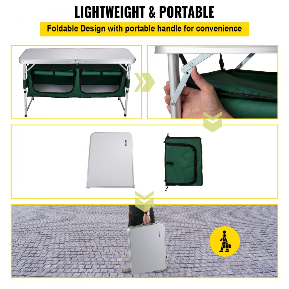VEVOR Aluminum Portable Folding Camp Station with Storage Organizer & 4 Adjustable Feet Quick Installation for Outdoor Picnic Beach Party Cooking, Green