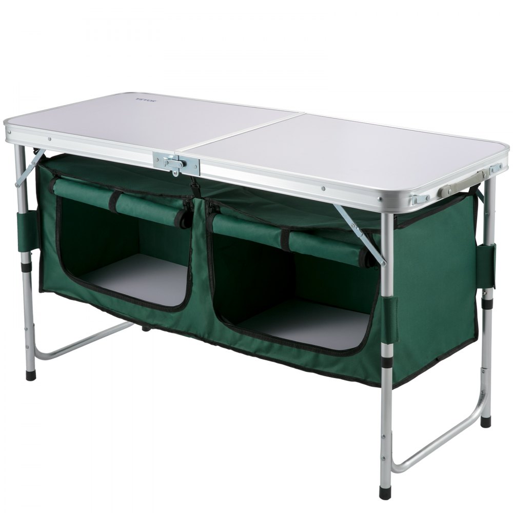 VEVOR Aluminum Portable Folding Camp Station with Storage Organizer & 4 Adjustable Feet Quick Installation for Outdoor Picnic Beach Party Cooking, Green
