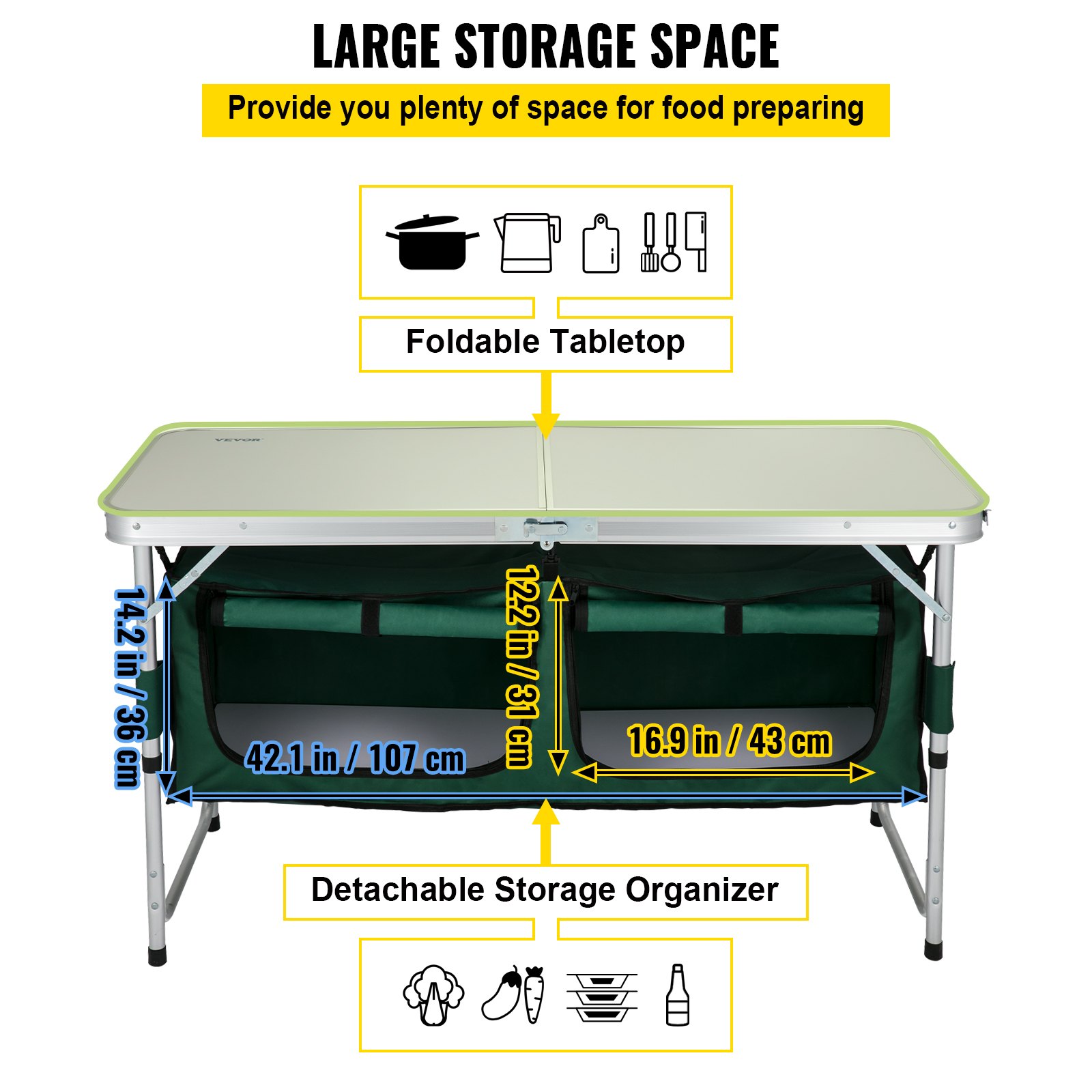 VEVOR Aluminum Portable Folding Camp Station with Storage Organizer & 4 Adjustable Feet Quick Installation for Outdoor Picnic Beach Party Cooking, Green
