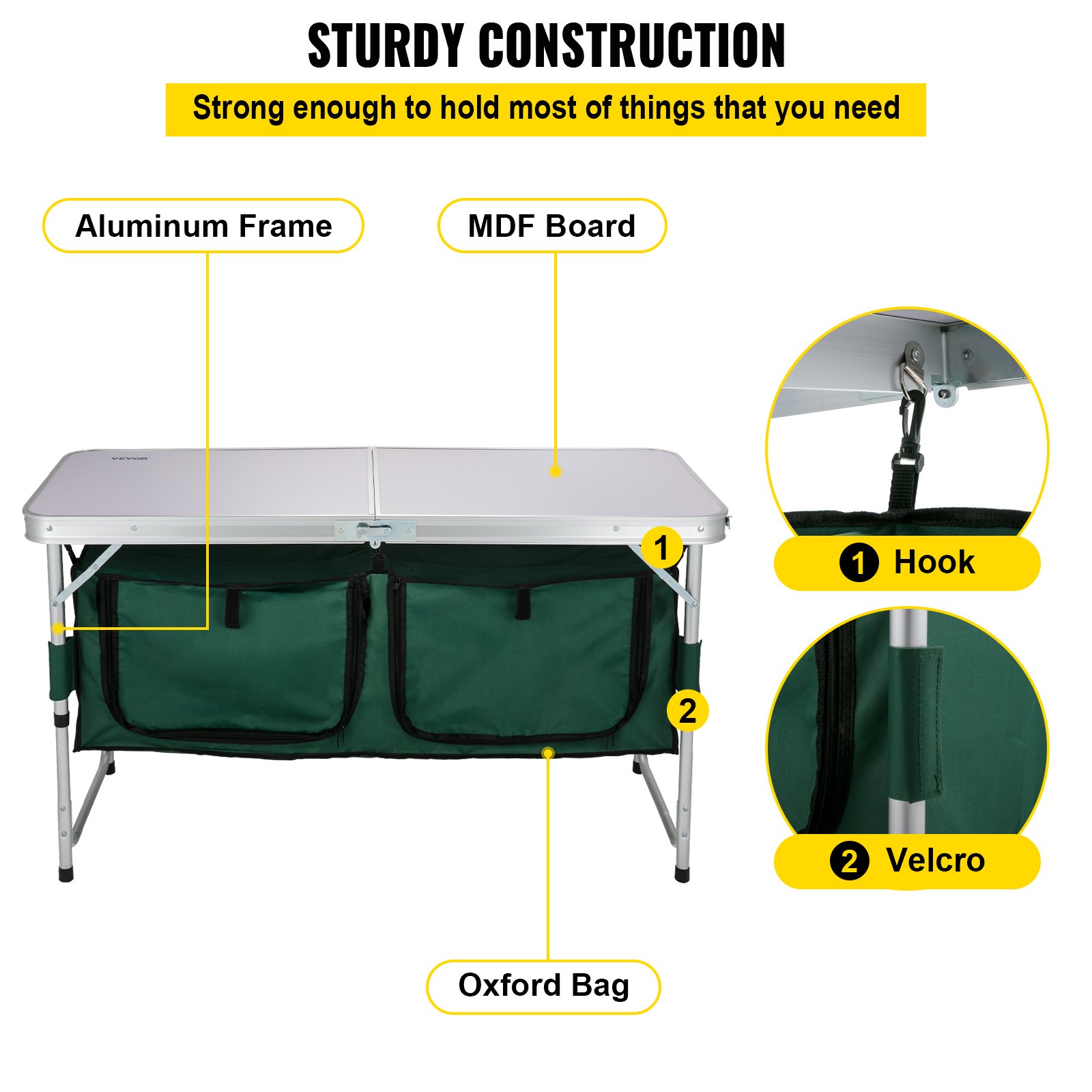 VEVOR Aluminum Portable Folding Camp Station with Storage Organizer & 4 Adjustable Feet Quick Installation for Outdoor Picnic Beach Party Cooking, Green