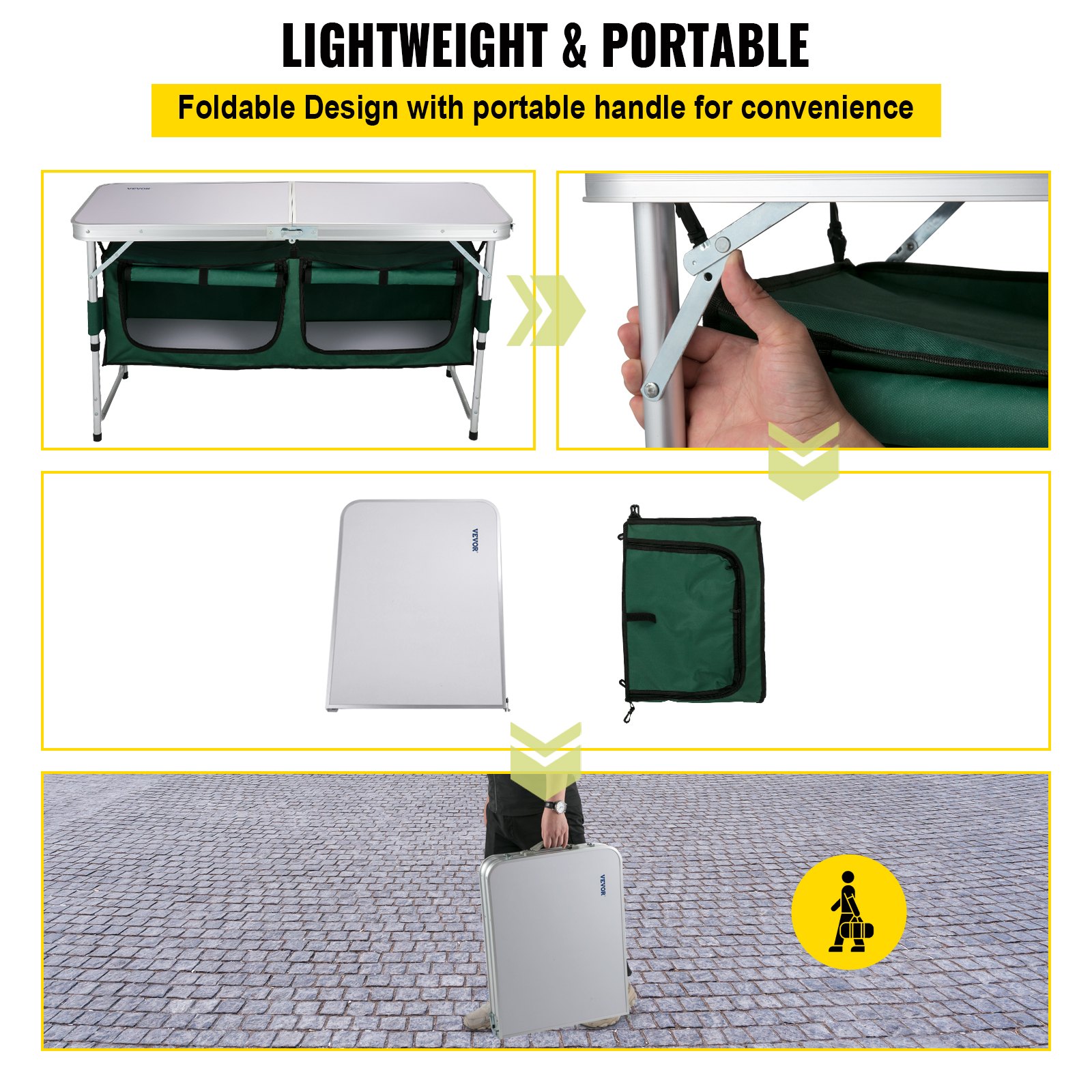 VEVOR Aluminum Portable Folding Camp Station with Storage Organizer & 4 Adjustable Feet Quick Installation for Outdoor Picnic Beach Party Cooking, Green