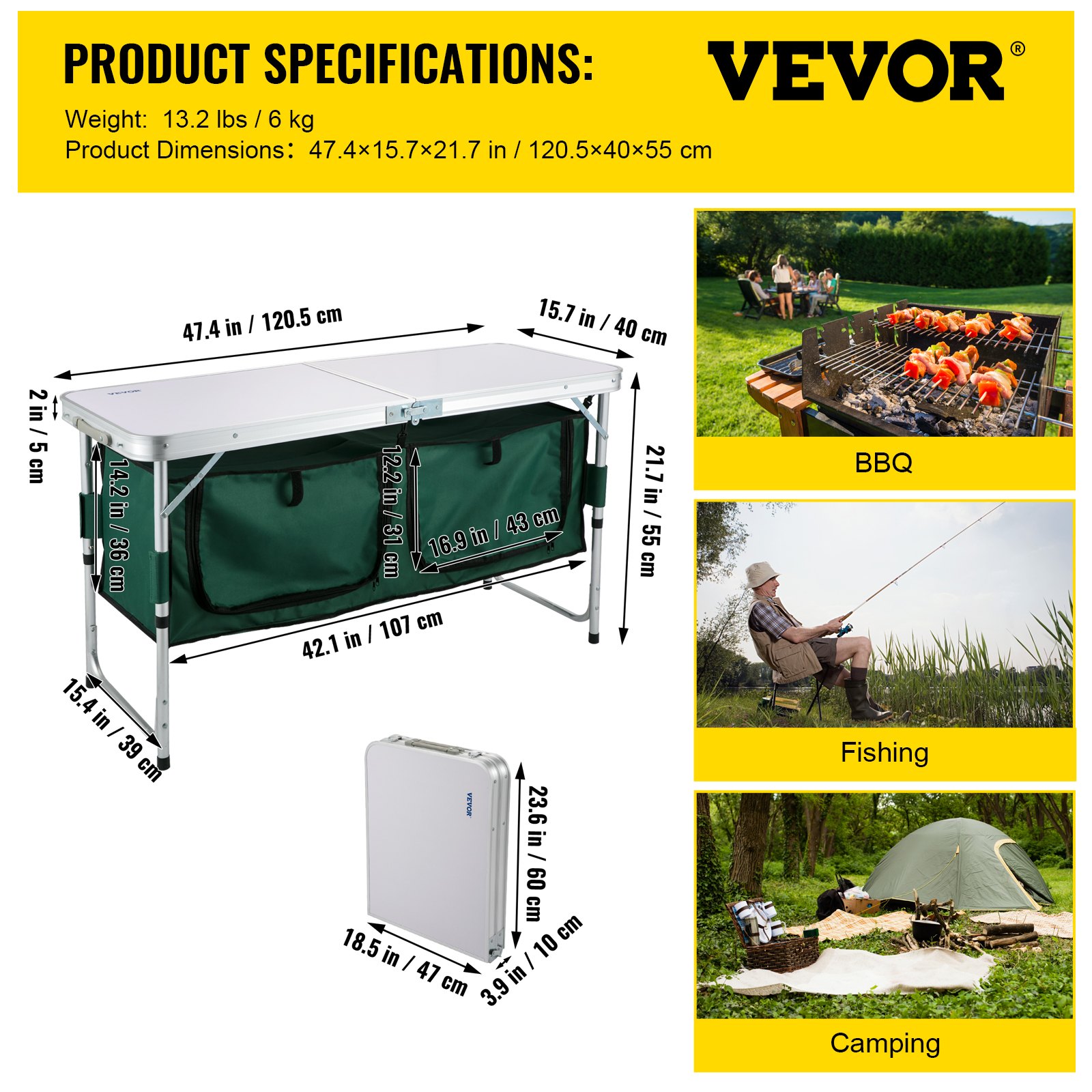 VEVOR Aluminum Portable Folding Camp Station with Storage Organizer & 4 Adjustable Feet Quick Installation for Outdoor Picnic Beach Party Cooking, Green