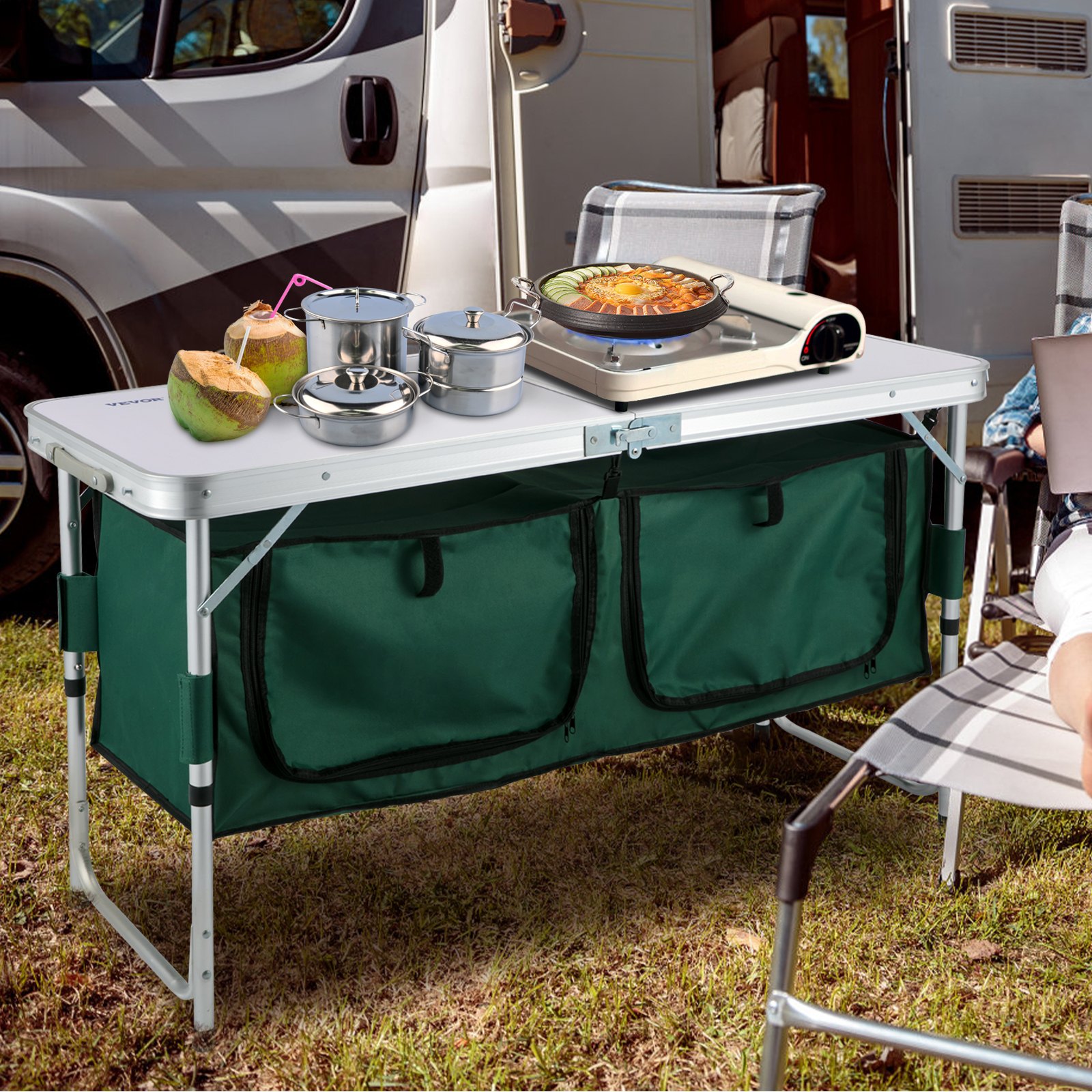 VEVOR Aluminum Portable Folding Camp Station with Storage Organizer & 4 Adjustable Feet Quick Installation for Outdoor Picnic Beach Party Cooking, Green
