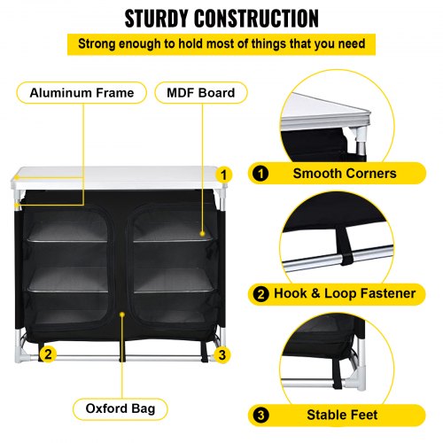 VEVOR Aluminum Portable Folding Cook Station with Storage Organizer & Carrying Bag Quick Installation for Outdoor BBQ Party Backyards and Tailgating, Black