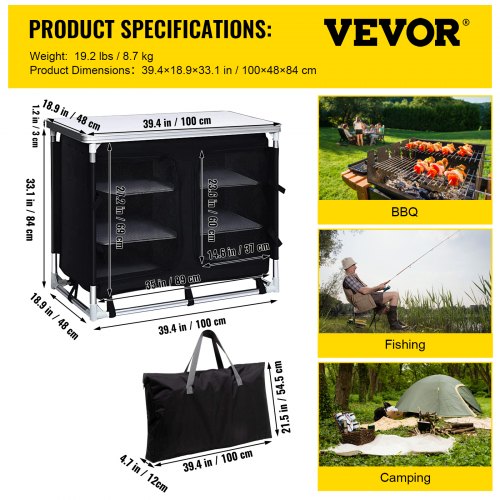 VEVOR Aluminum Portable Folding Cook Station with Storage Organizer & Carrying Bag Quick Installation for Outdoor BBQ Party Backyards and Tailgating, Black
