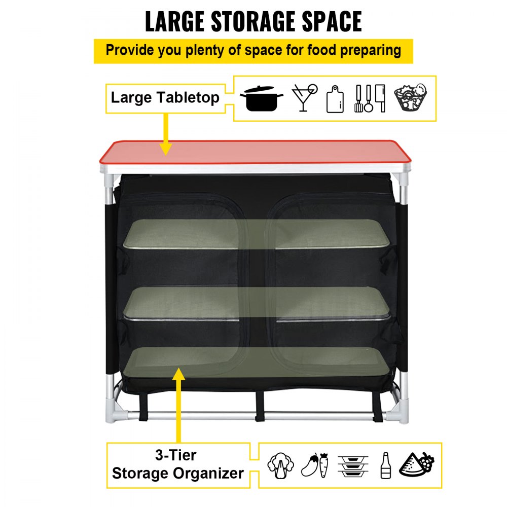 VEVOR Aluminum Portable Folding Cook Station with Storage Organizer & Carrying Bag Quick Installation for Outdoor BBQ Party Backyards and Tailgating, Black