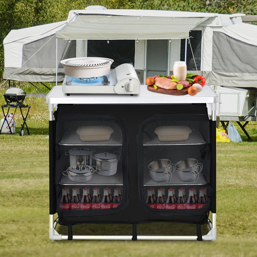 VEVOR Aluminum Portable Folding Cook Station with Storage Organizer & Carrying Bag Quick Installation for Outdoor BBQ Party Backyards and Tailgating, Black