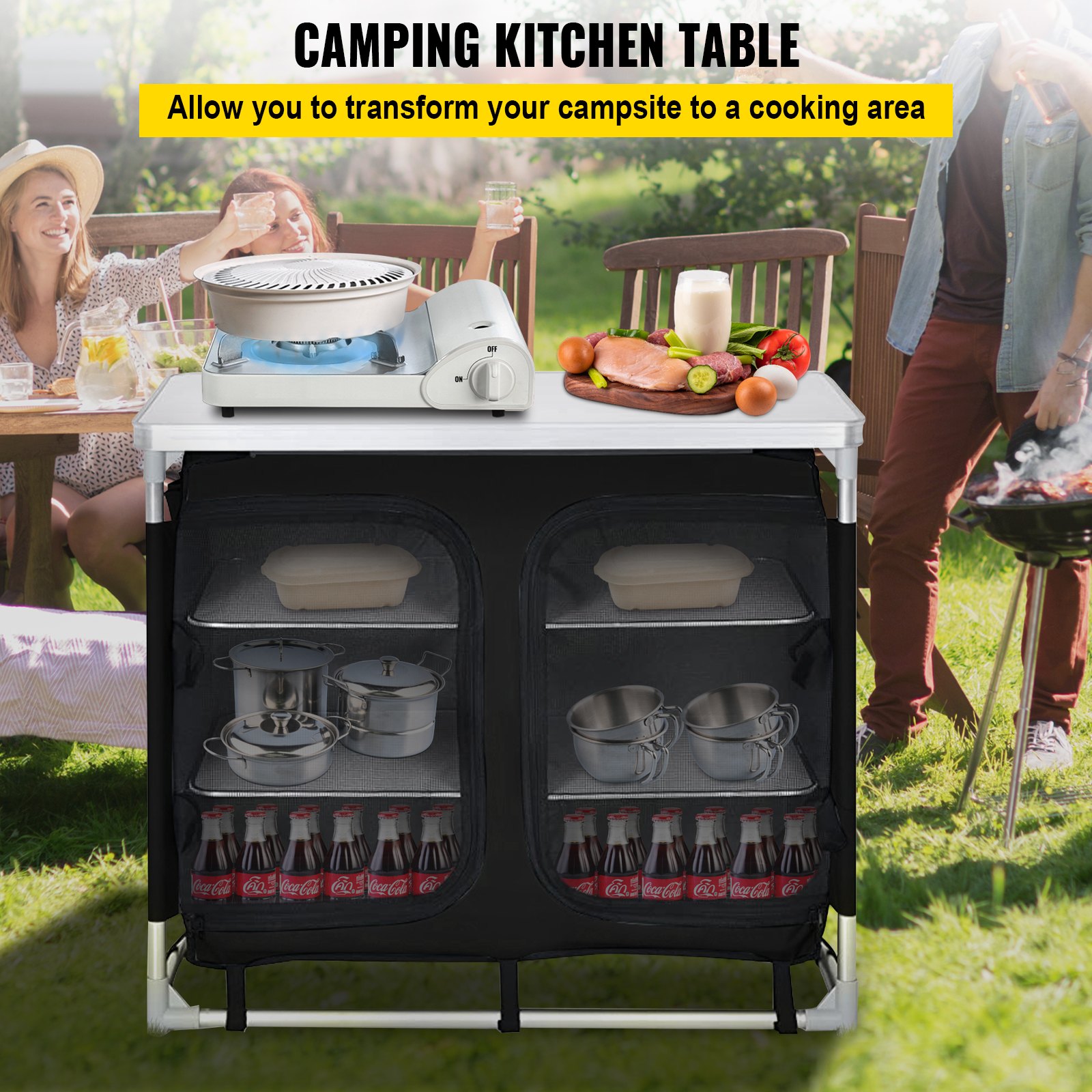 VEVOR Aluminum Portable Folding Cook Station with Storage Organizer & Carrying Bag Quick Installation for Outdoor BBQ Party Backyards and Tailgating, Black