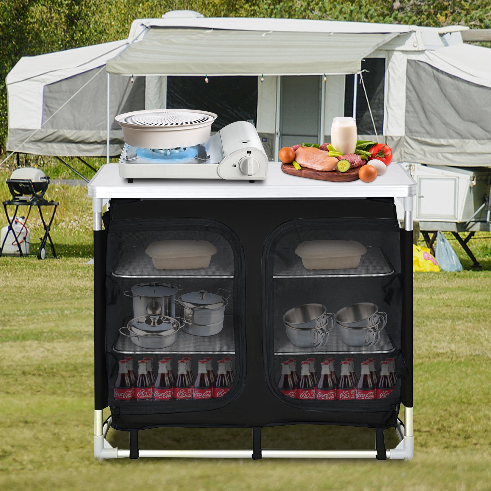 VEVOR Aluminum Portable Folding Cook Station with Storage Organizer & Carrying Bag Quick Installation for Outdoor BBQ Party Backyards and Tailgating, Black