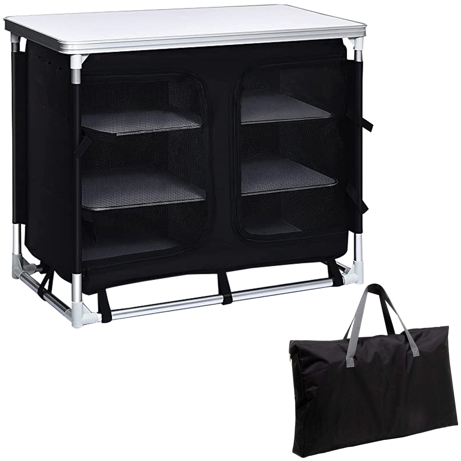 VEVOR Aluminum Portable Folding Cook Station with Storage Organizer & Carrying Bag Quick Installation for Outdoor BBQ Party Backyards and Tailgating, Black