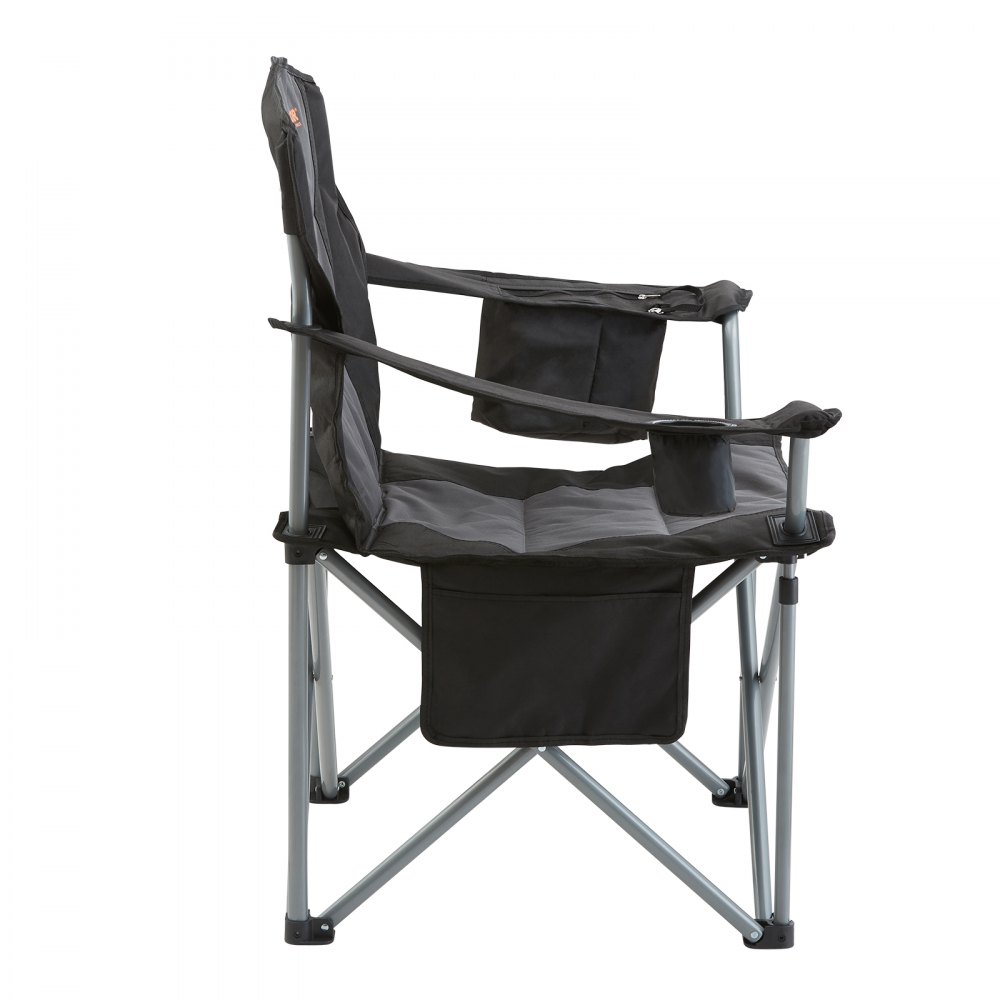 VEVOR Camping Folding Chair for Adults, Portable Heavy Duty Outdoor Quad Lumbar Back Padded Arm Chairs with Side Pockets, Cup Holder and Cooler Bag for Beach, Lawn, Picnic, Fishing, Backpacking, Black