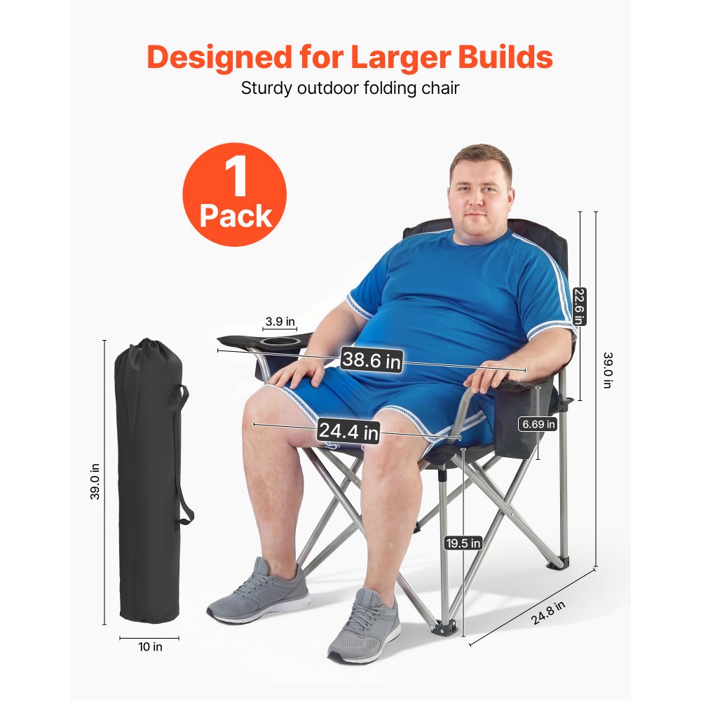 VEVOR Camping Folding Chair for Adults, Portable Heavy Duty Outdoor Quad Lumbar Back Padded Arm Chairs with Side Pockets, Cup Holder and Cooler Bag for Beach, Lawn, Picnic, Fishing, Backpacking, Black