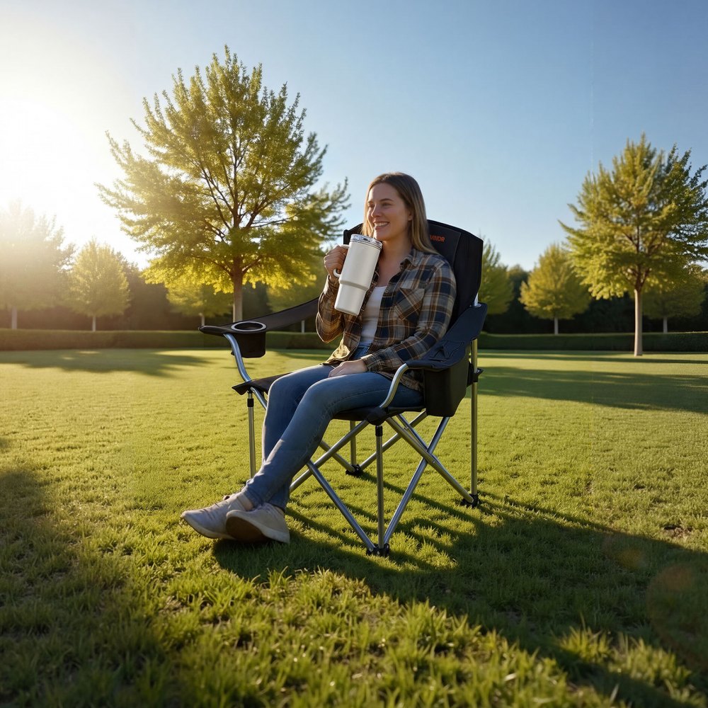 VEVOR Camping Folding Chair for Adults, Portable Heavy Duty Outdoor Quad Lumbar Back Padded Arm Chairs with Side Pockets, Cup Holder and Cooler Bag for Beach, Lawn, Picnic, Fishing, Backpacking, Black