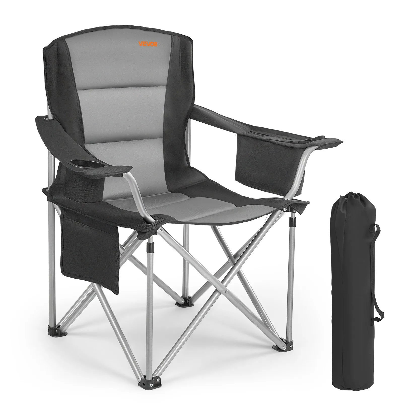 VEVOR Camping Folding Chair for Adults, Portable Heavy Duty Outdoor Quad Lumbar Back Padded Arm Chairs with Side Pockets, Cup Holder and Cooler Bag for Beach, Lawn, Picnic, Fishing, Backpacking, Black