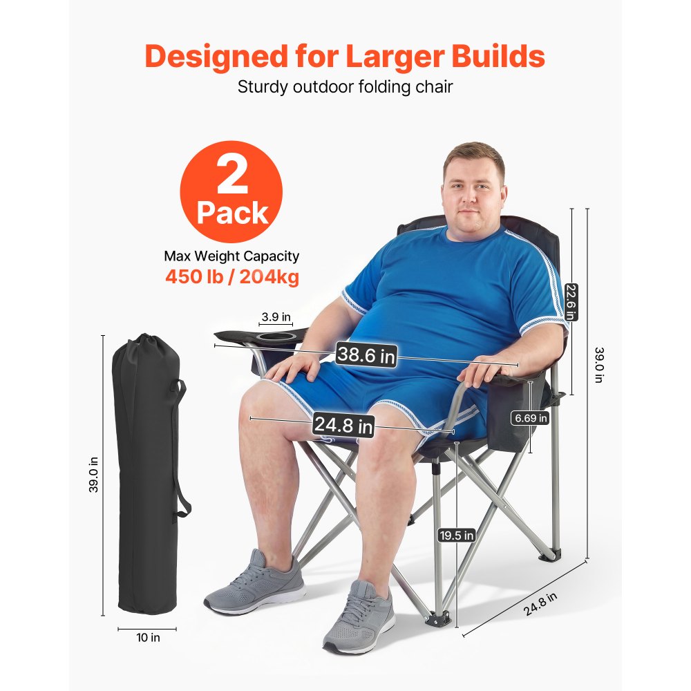 VEVOR Oversized Camping Chairs, 450 lbs Heavy Duty Support, Portable Folding Camp Chairs with Padded Backrest & Armrests, Cup Holder & Side Pocket, Cooler Bag, Carry Bags for Outdoor, Fishing, 2 Pack