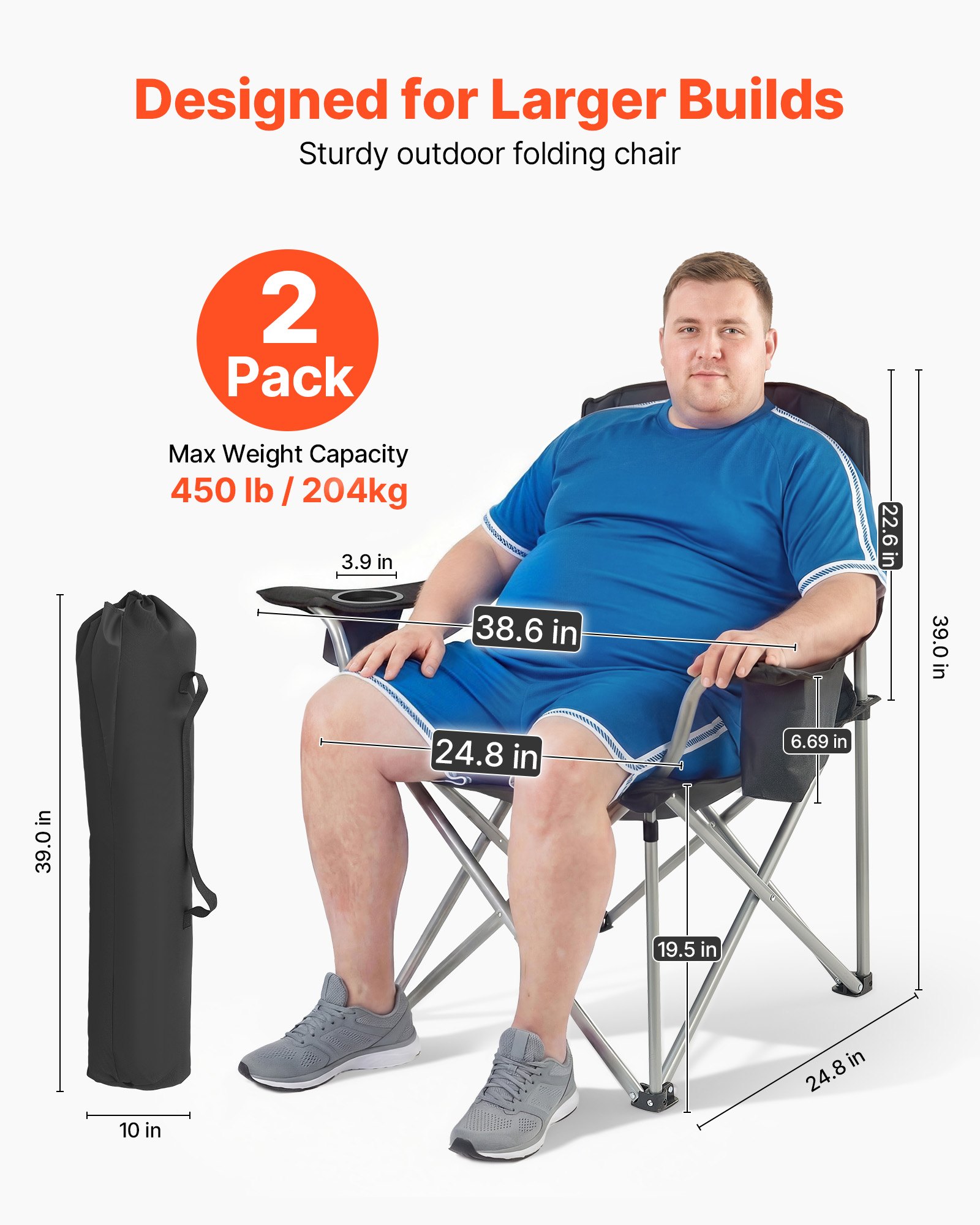 VEVOR Oversized Camping Chairs, 204 kg Heavy Duty Support, Portable Folding Camp Chairs with Padded Backrest & Armrests, Cup Holder & Side Pocket, Cooler Bag, Carry Bags for Outdoor, Fishing, 2 Pack