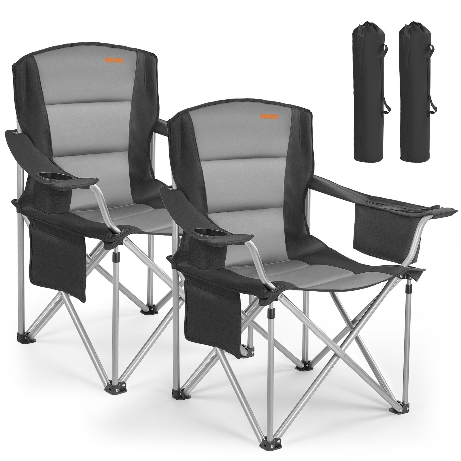 VEVOR Oversized Camping Chairs, 450 lbs Heavy Duty Support, Portable Folding Camp Chairs with Padded Backrest & Armrests, Cup Holder & Side Pocket, Cooler Bag, Carry Bags for Outdoor, Fishing, 2 Pack