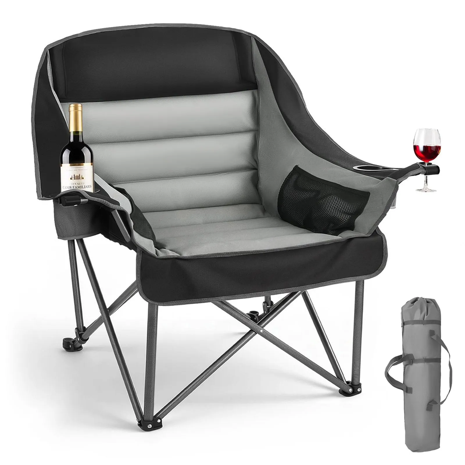 VEVOR Oversized Camping Chairs, 450 lbs Heavy Duty Support, Portable Padded Folding Camp Chairs with Dual Cup Holders & Wine Glass Holders, Carry Bag for Outdoor, Fishing, Black & Gray, 1 Pack