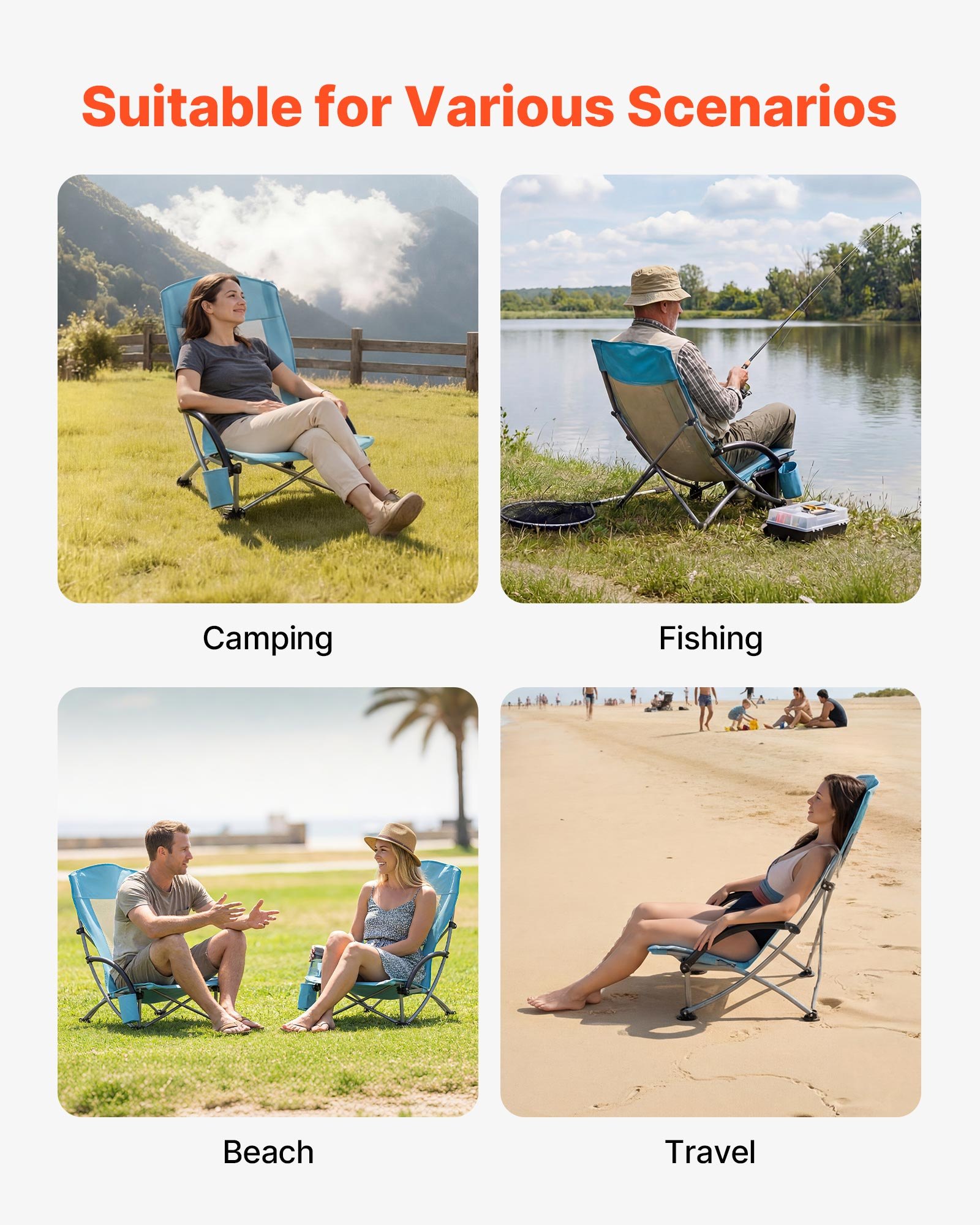 VEVOR Folding Beach Chair, High Back Camping Chairs for Adults, with Cup Pocket, Mesh Back, Carry Bag, Portable Extra Wide Seat Chair 330 lbs Heavy Duty Support, for Outdoor, Camp, Light Blue